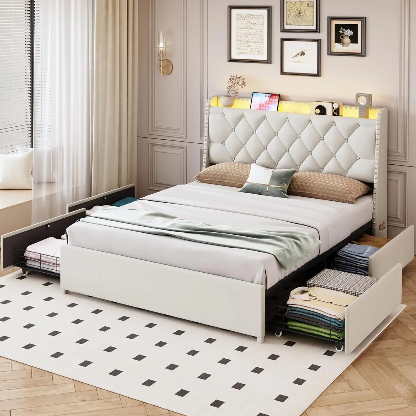 Upholstered Platform Bed with 4 Drawers & Storage Headboard