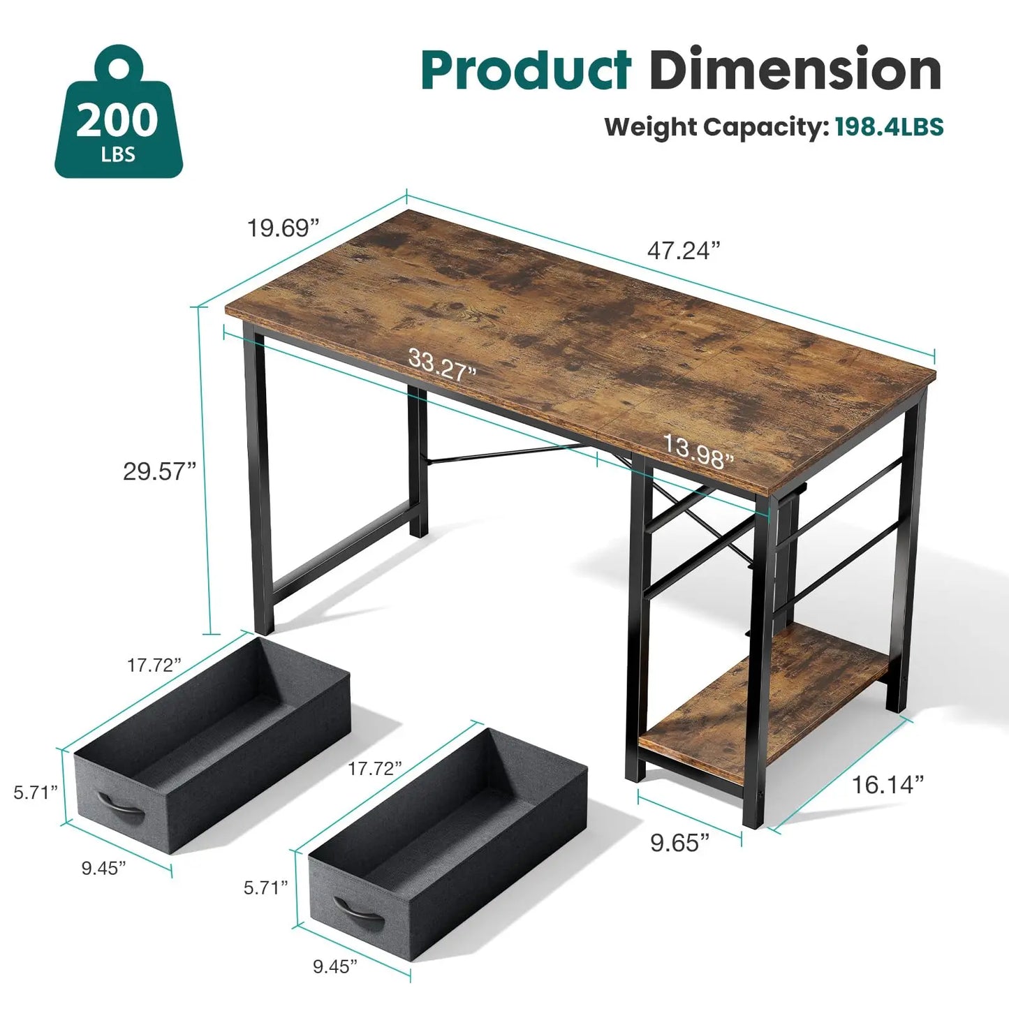 47IN Modern Computer Desk with 2 Drawers For Study, Office, Gaming room