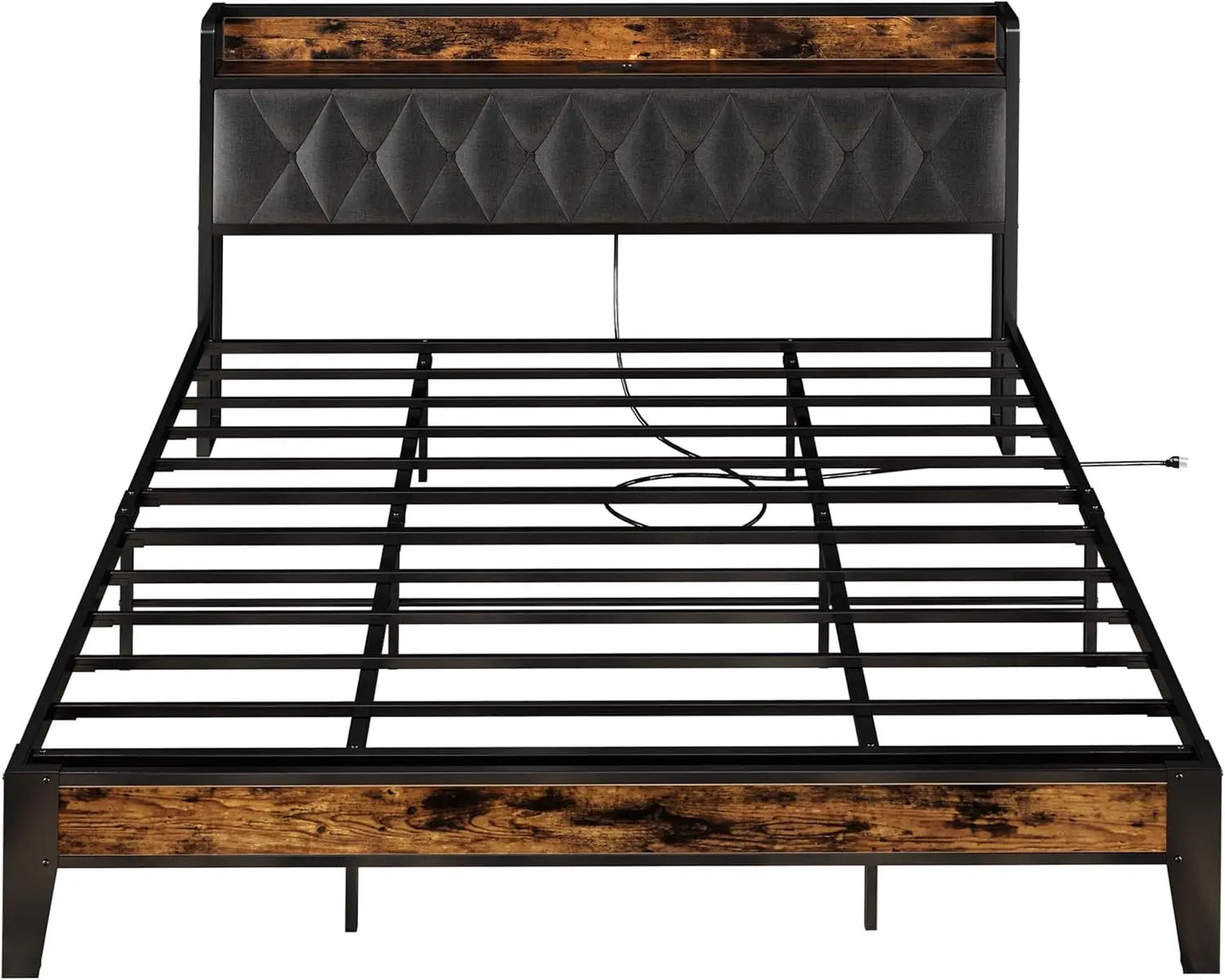 Bed Frames, Storage Headboard with Outlets, No Noise