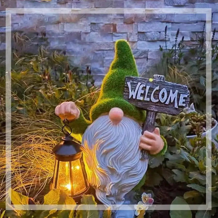 Large Outdoor Resin Gnome Statue with Lantern Solar Light And Welcome Sign