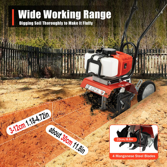 2-stroke Air-Cooled 52CC Gasoline powered Garden Tiller Cultivator