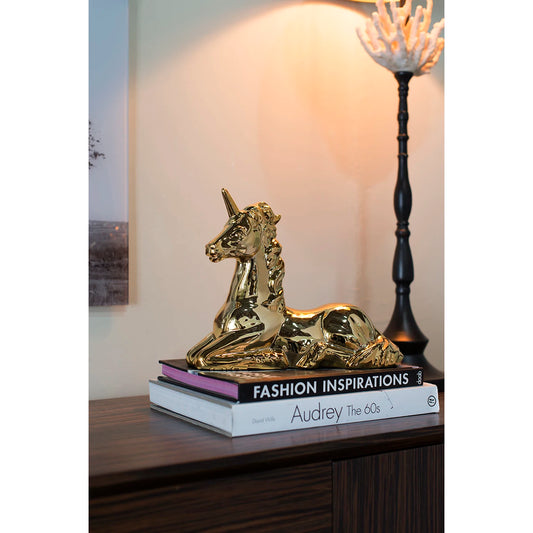 Gold Metallic Finish Ceramic Unicorn Figurine 11" Tall Smooth Ceramic Sculpture