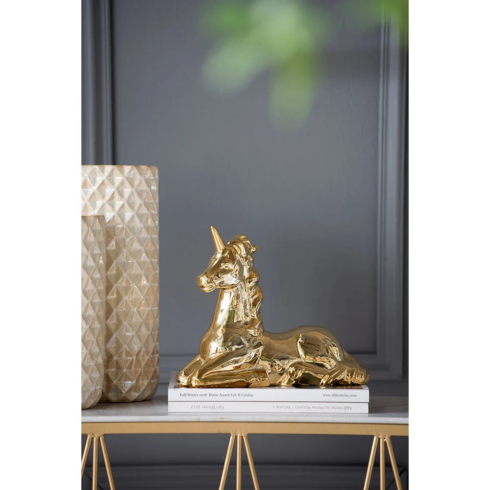 Gold Metallic Finish Ceramic Unicorn Figurine 11" Tall Smooth Ceramic Sculpture