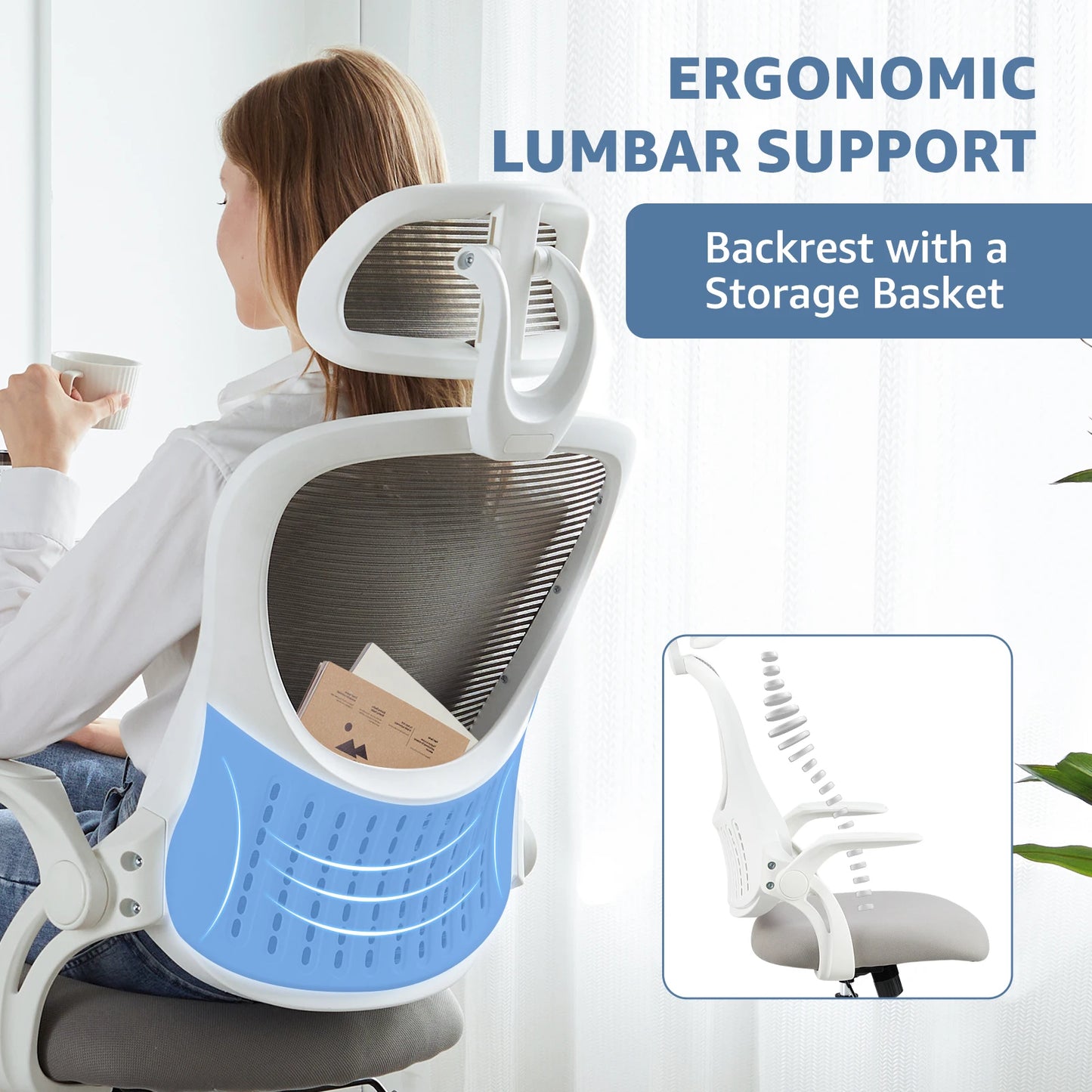 Comfortable Ergonomic Mesh Office, Computer Desk, Flip-up Arms Chair