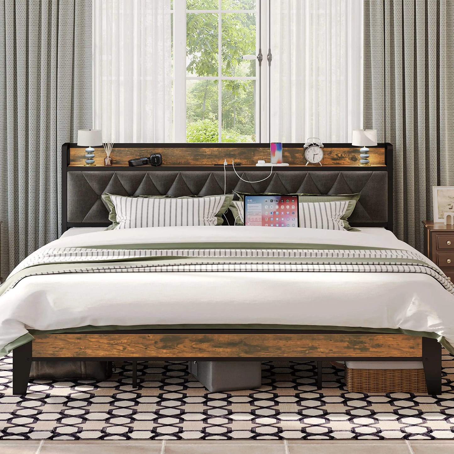 Bed Frames, Storage Headboard with Outlets, No Noise