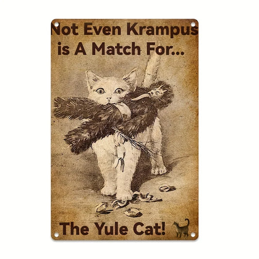 Vintage Art Deco Christmas Cat with Krampus Metal Sign (12x8 inches)
