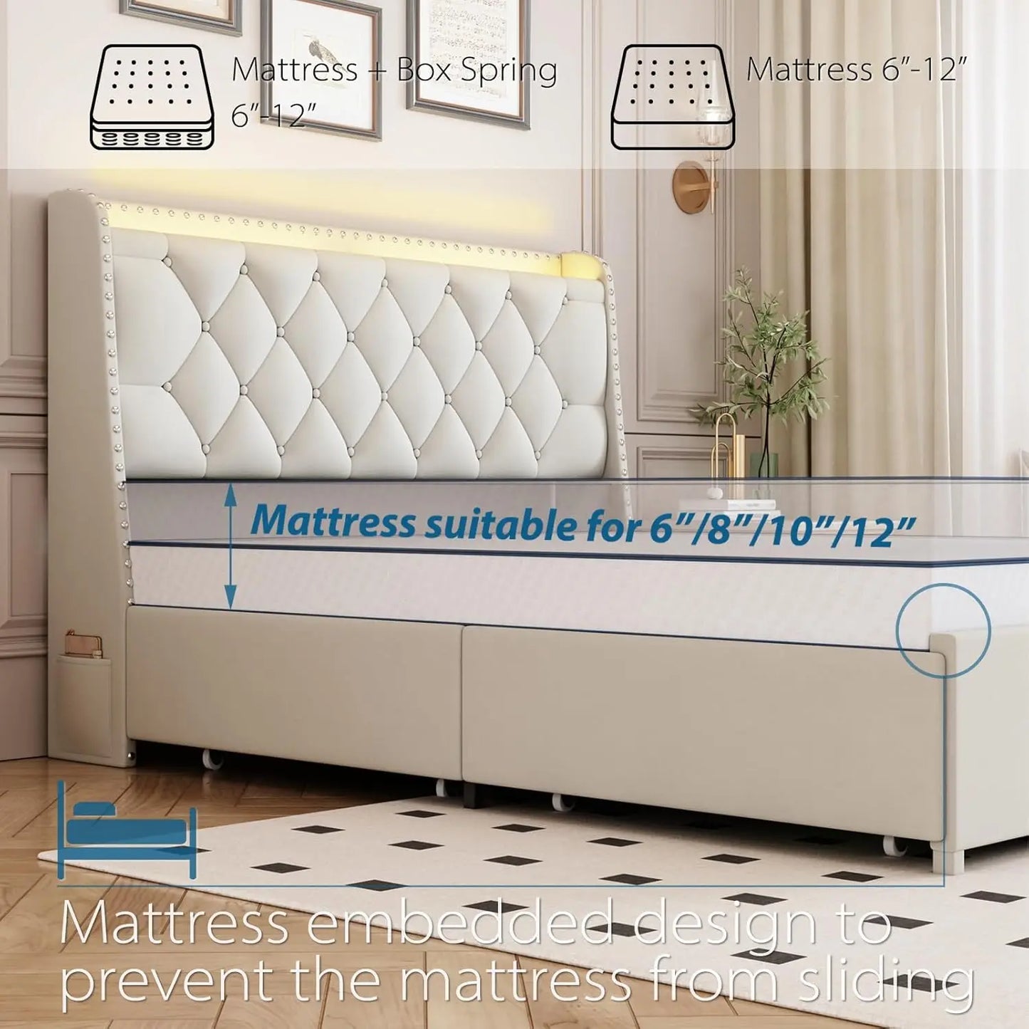 Upholstered Platform Bed with 4 Drawers & Storage Headboard