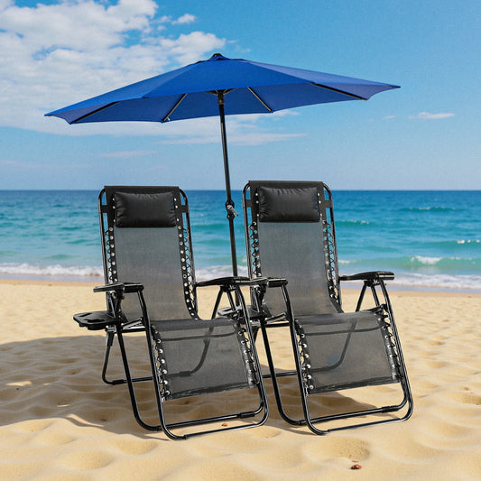 Zero Gravity Set of 2 Portable Recliner Lounge Chairs with Cup Holder Trays and Adjustable Pillow