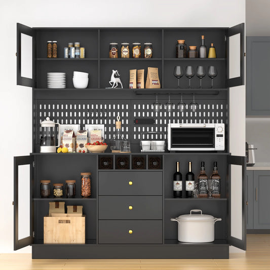 Pantry Cabinet, Kitchen Storage Cabinet, Freestanding Buffet Hutch with Pegboard, Cup Holder, Power Outlet