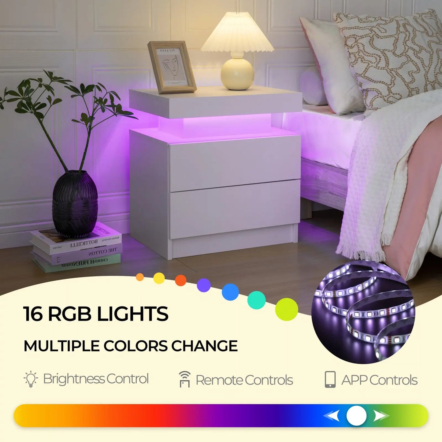 LED Nightstands with 2 Drawers for Bedroom, Living Room