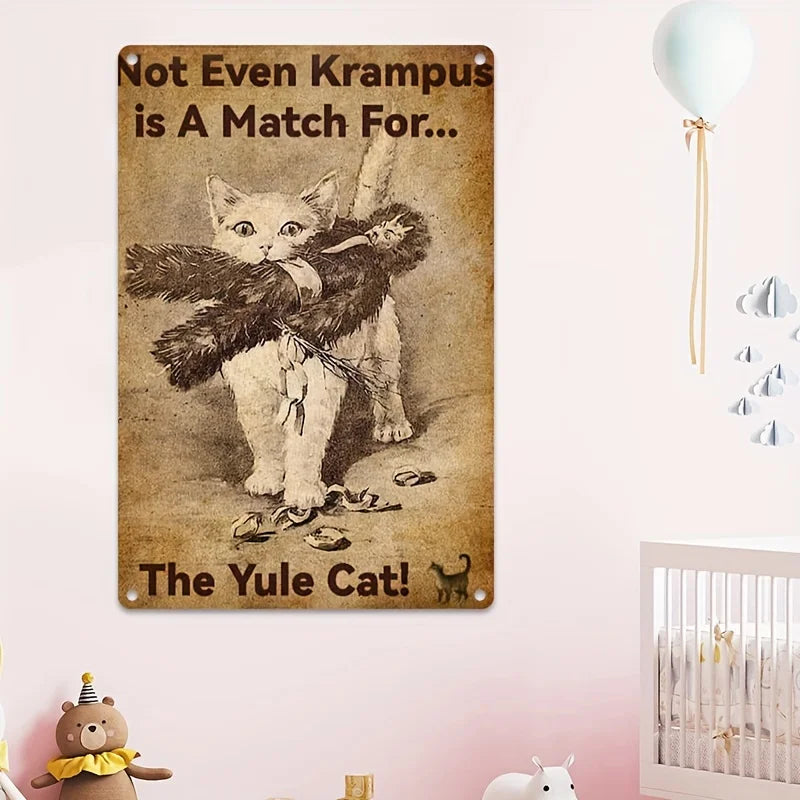 Vintage Art Deco Christmas Cat with Krampus Metal Sign (12x8 inches)