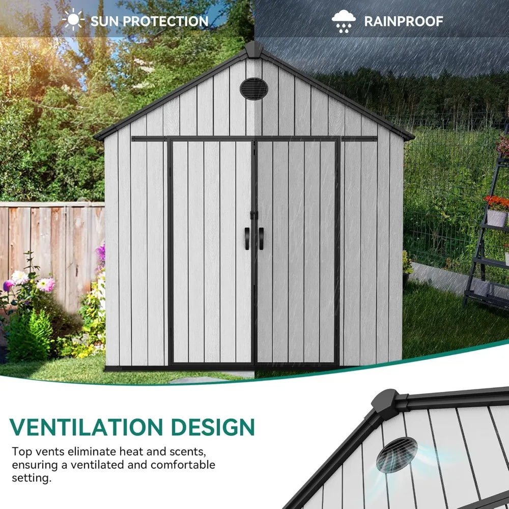 8x16 FT Waterproof Outdoor Storage Shed with Floor, Lockable Doors, for Tools & Bikes