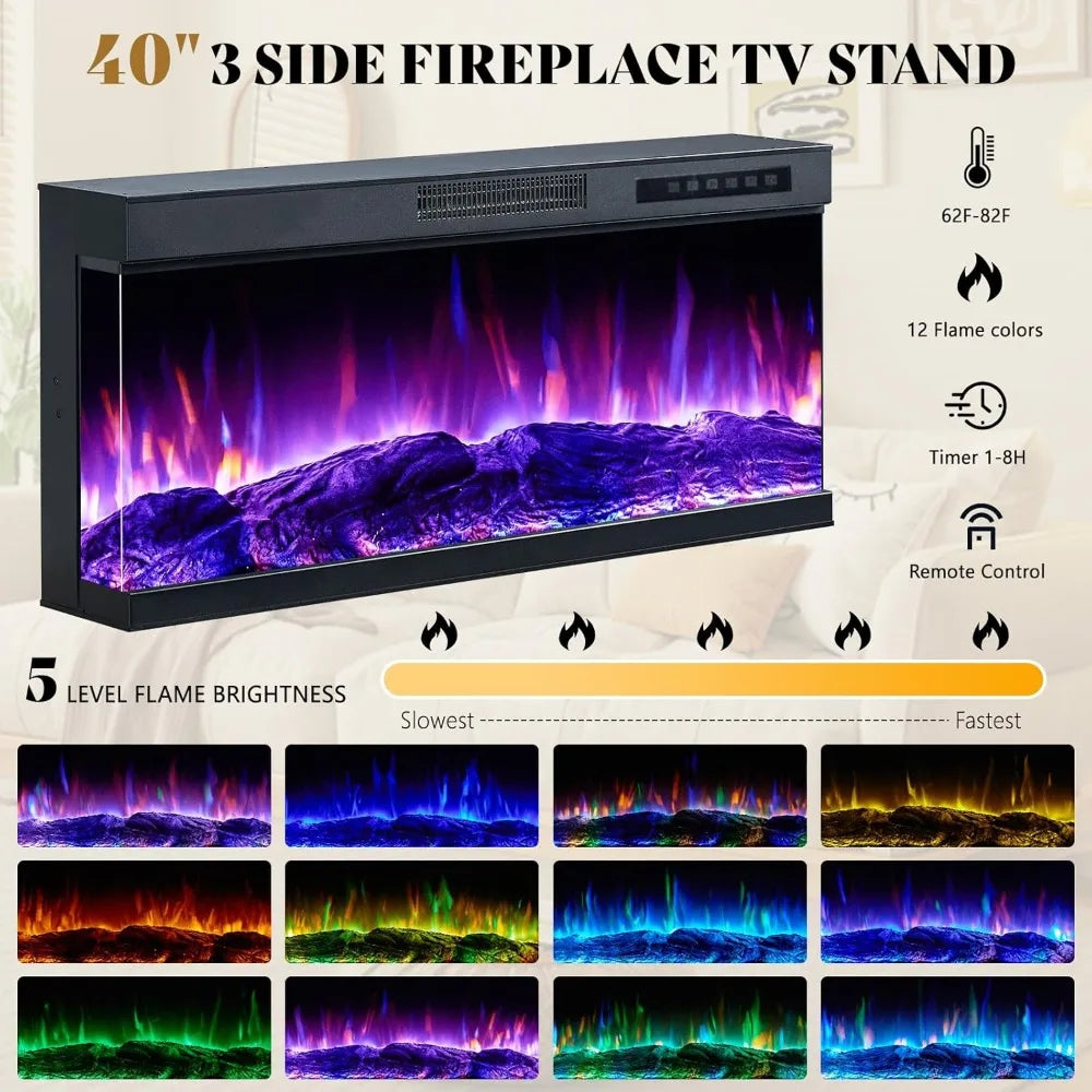 75in 3-Sided Glass Fireplace TV Stand with LED Lights for TVs up to 85"