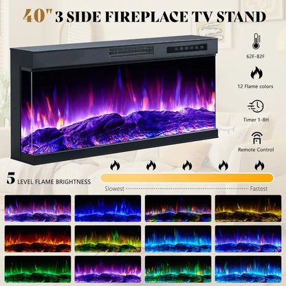 75in 3-Sided Glass Fireplace TV Stand with LED Lights for TVs up to 85"