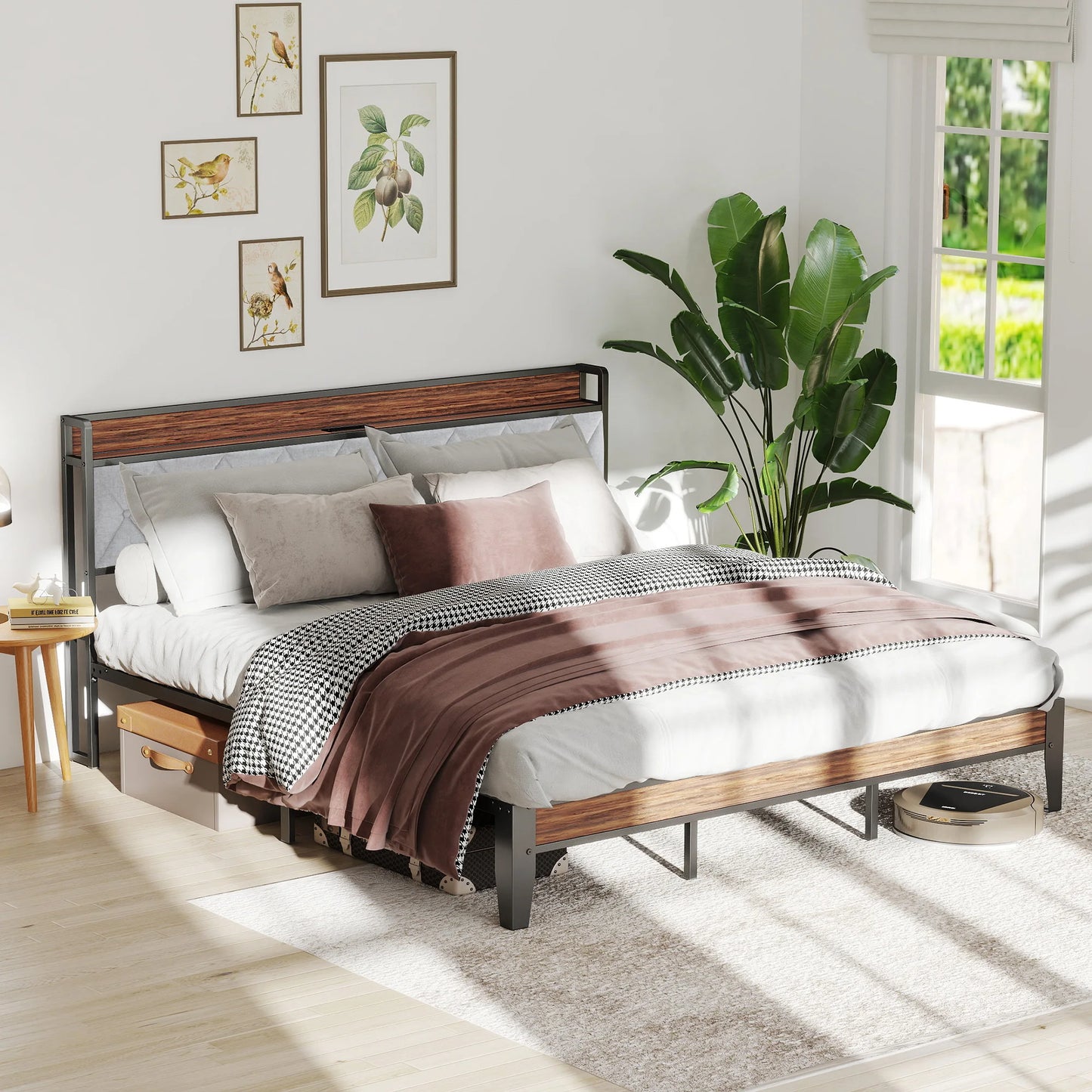 Soft Pack, Heavy Duty Metal Bed Frame with Headboard Charging Station, 1100lbs Capacity, Easy Assembly For Bedroom