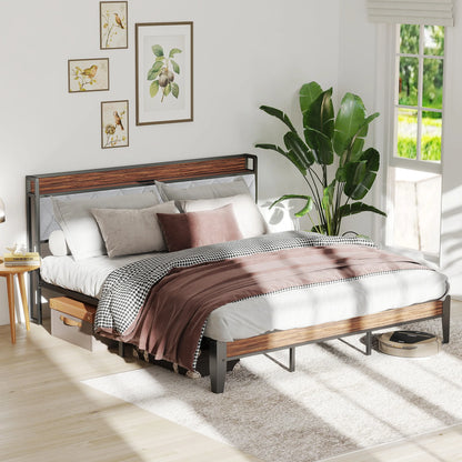 Soft Pack, Heavy Duty Metal Bed Frame with Headboard Charging Station, 1100lbs Capacity, Easy Assembly For Bedroom