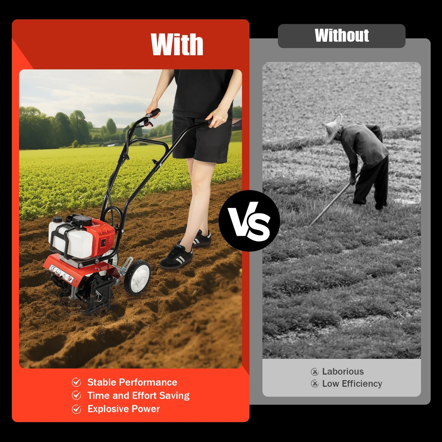 2-stroke Air-Cooled 52CC Gasoline powered Garden Tiller Cultivator