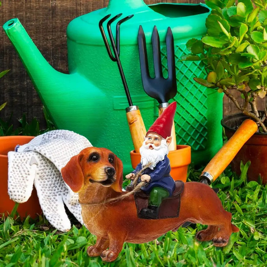 Gnome and a Dachshund Garden Statue Indoor Outdoor