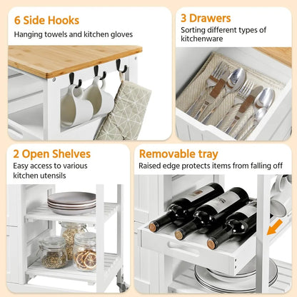 Kitchen Island Rolling Storage Cart with Bamboo Countertop, 3 Drawers, 3 Removable Shelves & Lockable Casters