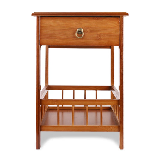 Bamboo 2-Tier Retro End Table with Drawer and Storage Shelf