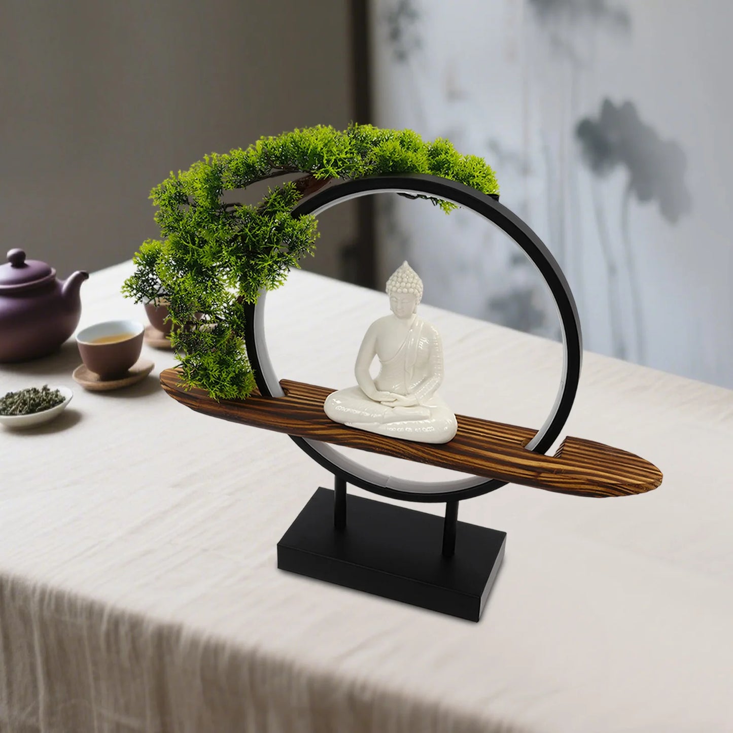 Desktop Ornament with Green Artificial Tree & LED Circle Lamp