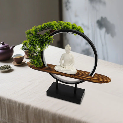 Desktop Ornament with Green Artificial Tree & LED Circle Lamp