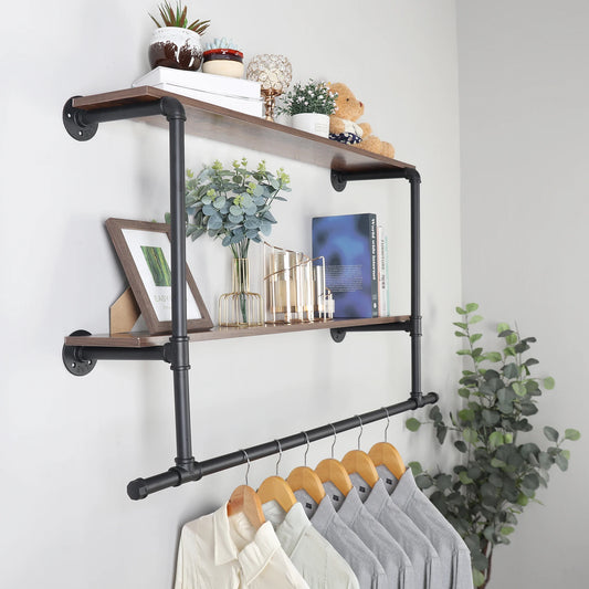 Industrial Pipe Clothing Rack Wall Mounted Wood Shelf