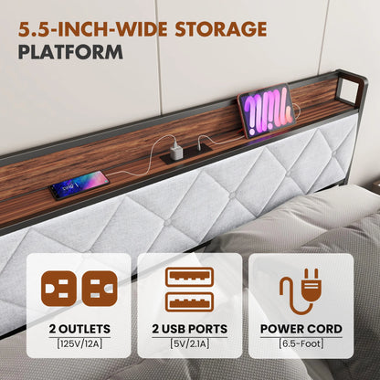 Soft Pack, Heavy Duty Metal Bed Frame with Headboard Charging Station, 1100lbs Capacity, Easy Assembly For Bedroom