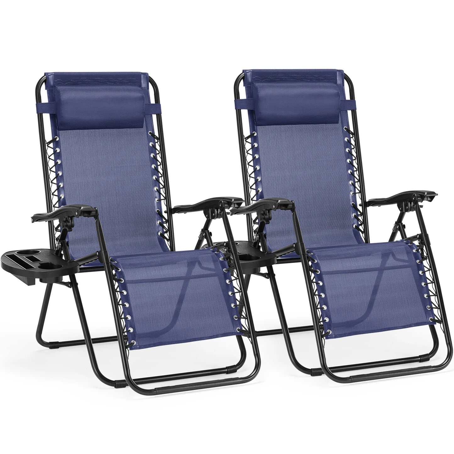 Zero Gravity Set of 2 Portable Recliner Lounge Chairs with Cup Holder Trays and Adjustable Pillow