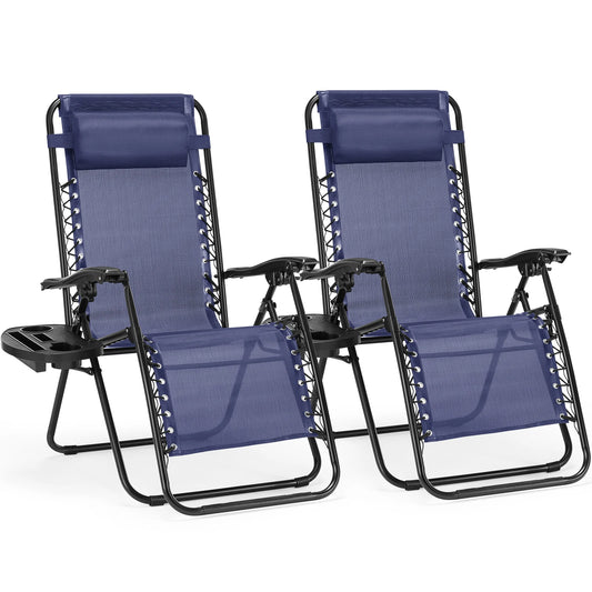 Zero Gravity Set of 2 Portable Recliner Lounge Chairs with Cup Holder Trays and Adjustable Pillow