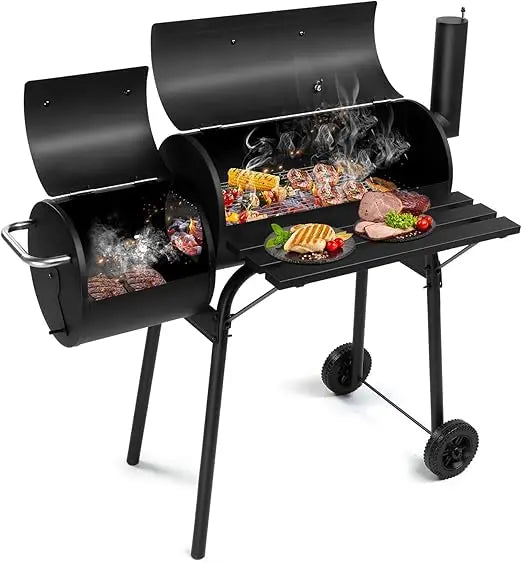 Large BBQ Smoker Grill with Offset Smoker on Wheels for Backyard and Patio Parties