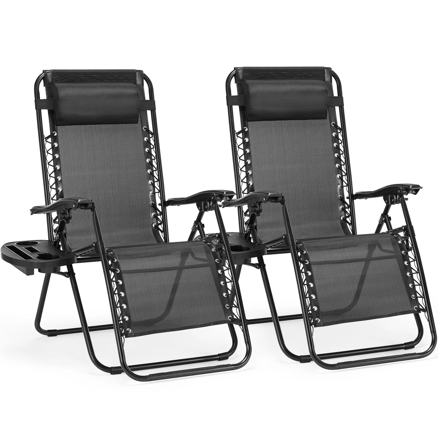 Zero Gravity Set of 2 Portable Recliner Lounge Chairs with Cup Holder Trays and Adjustable Pillow