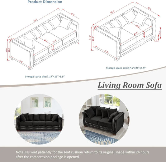 2-Piece Modern Velvet Upholstered Loveseat and Sofa Couch with Silver Nail Trim