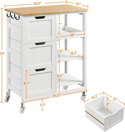 Kitchen Island Rolling Storage Cart with Bamboo Countertop, 3 Drawers, 3 Removable Shelves & Lockable Casters