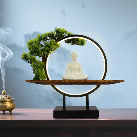 Desktop Ornament with Green Artificial Tree & LED Circle Lamp