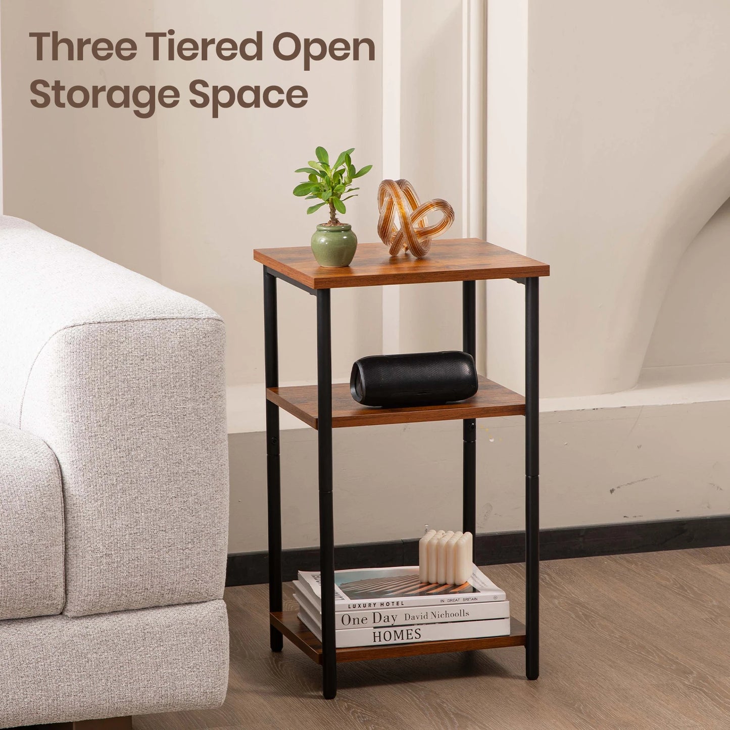 Two Steel Frame 3-Tier End Tables with Adjustable Feet