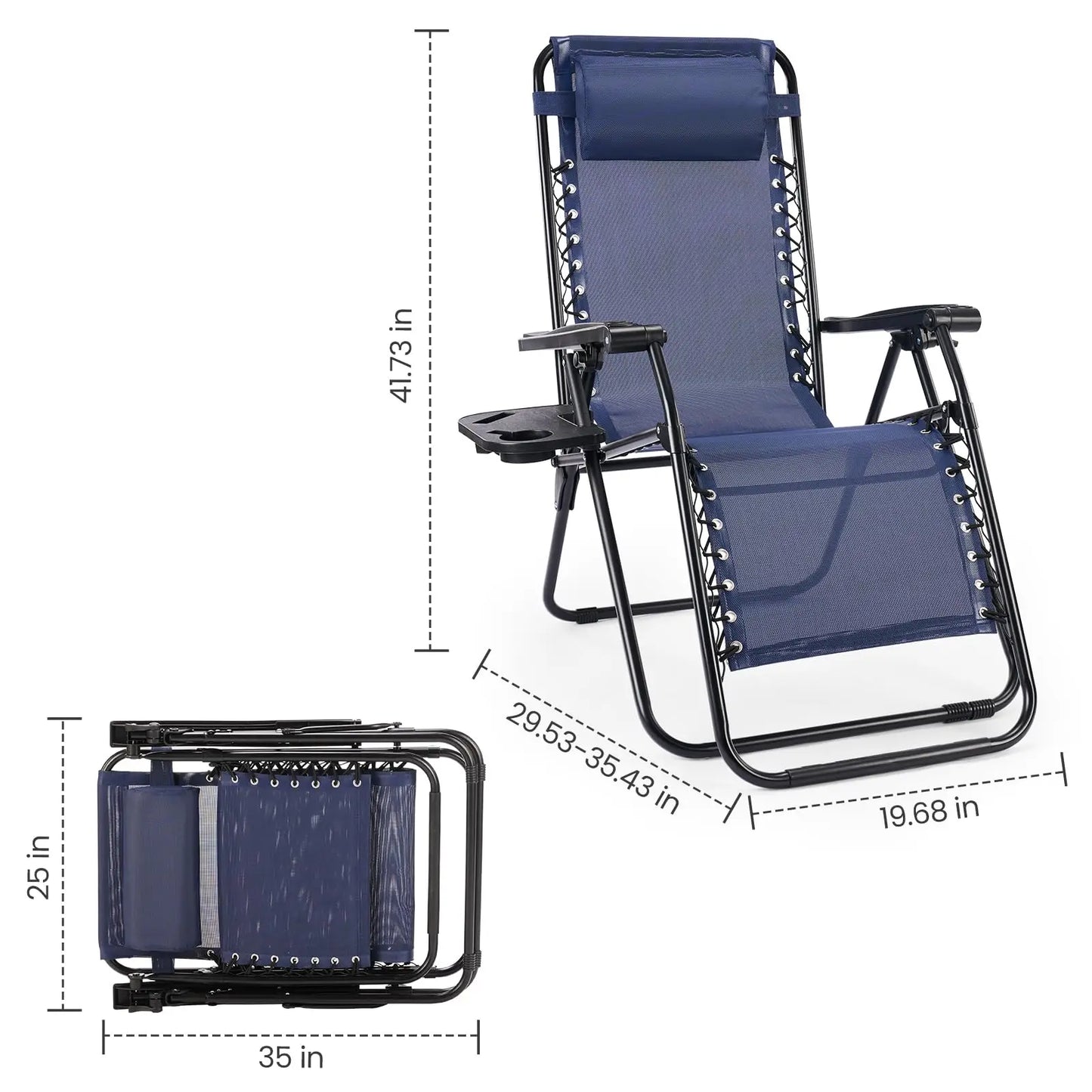 Zero Gravity Set of 2 Portable Recliner Lounge Chairs with Cup Holder Trays and Adjustable Pillow