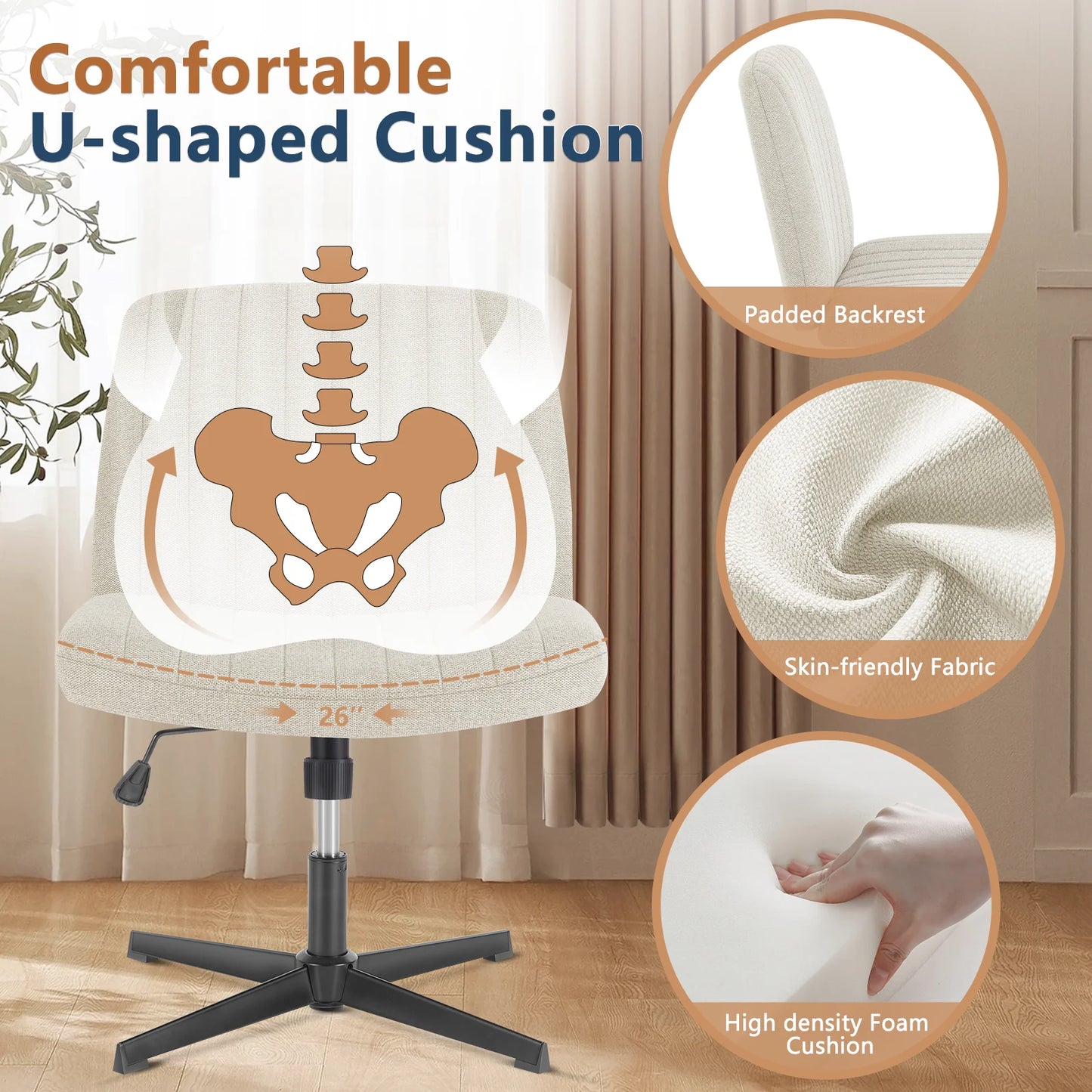 Adjustable Swivel Cross Legged Office, Living Room, Armless Gaming Chair, Vanity, Home Office