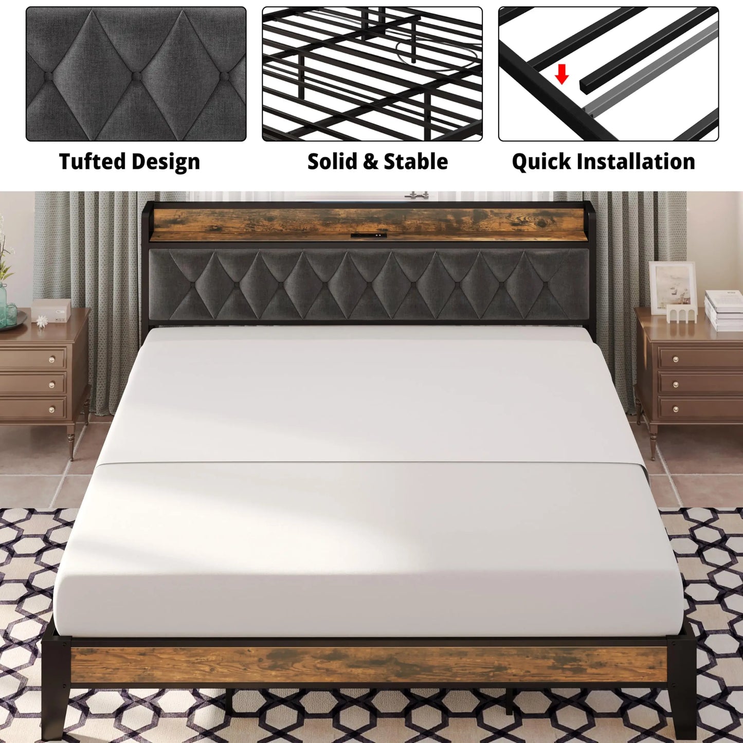 Bed Frames, Storage Headboard with Outlets, No Noise
