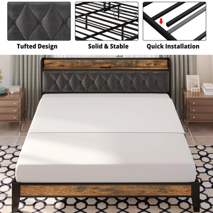 Bed Frames, Storage Headboard with Outlets, No Noise