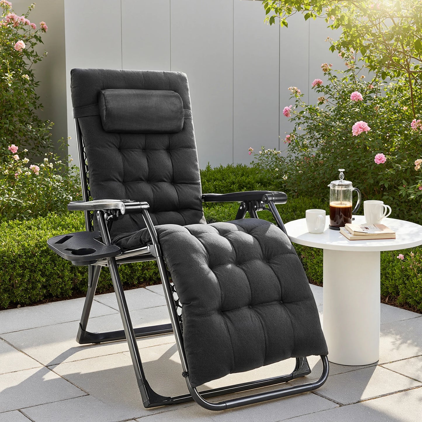 Zero Gravity Set of 2 Portable Recliner Lounge Chairs with Cup Holder Trays and Adjustable Pillow