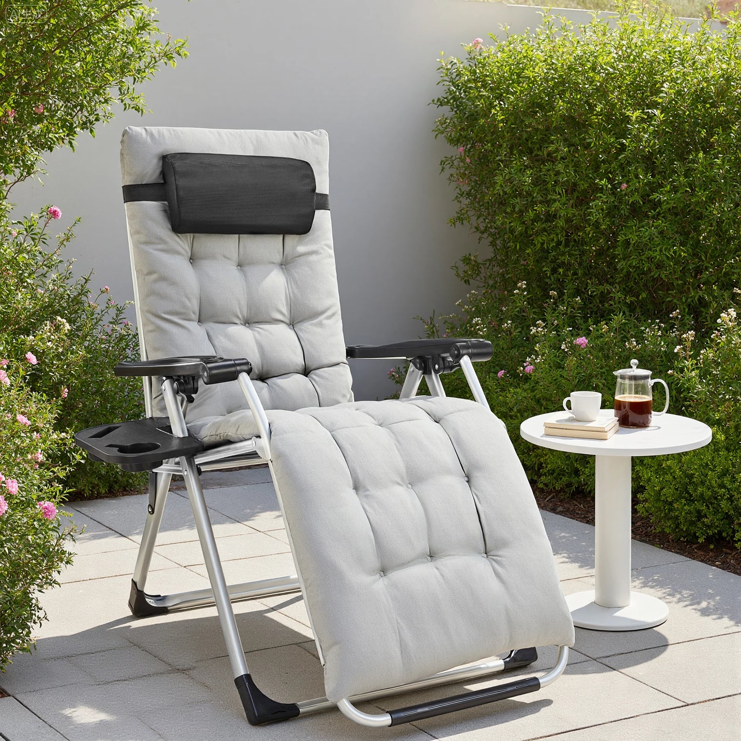 Zero Gravity Set of 2 Portable Recliner Lounge Chairs with Cup Holder Trays and Adjustable Pillow