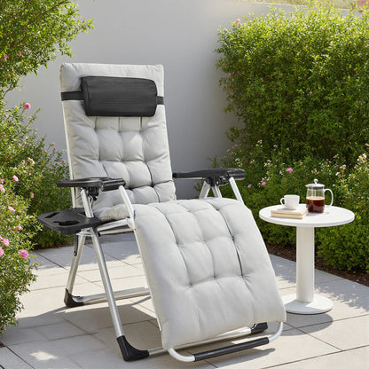 Zero Gravity Set of 2 Portable Recliner Lounge Chairs with Cup Holder Trays and Adjustable Pillow