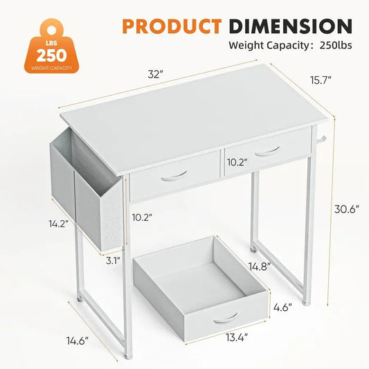 Small computer Desk 32 Inch, PC Table with Fabric Storage Drawers, Side Bag Headphone Holder