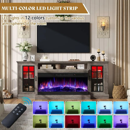 75in 3-Sided Glass Fireplace TV Stand with LED Lights for TVs up to 85"