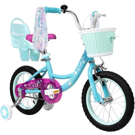 Bike for Girls with Training Wheels, Streamers, Basket, and Doll Seat
