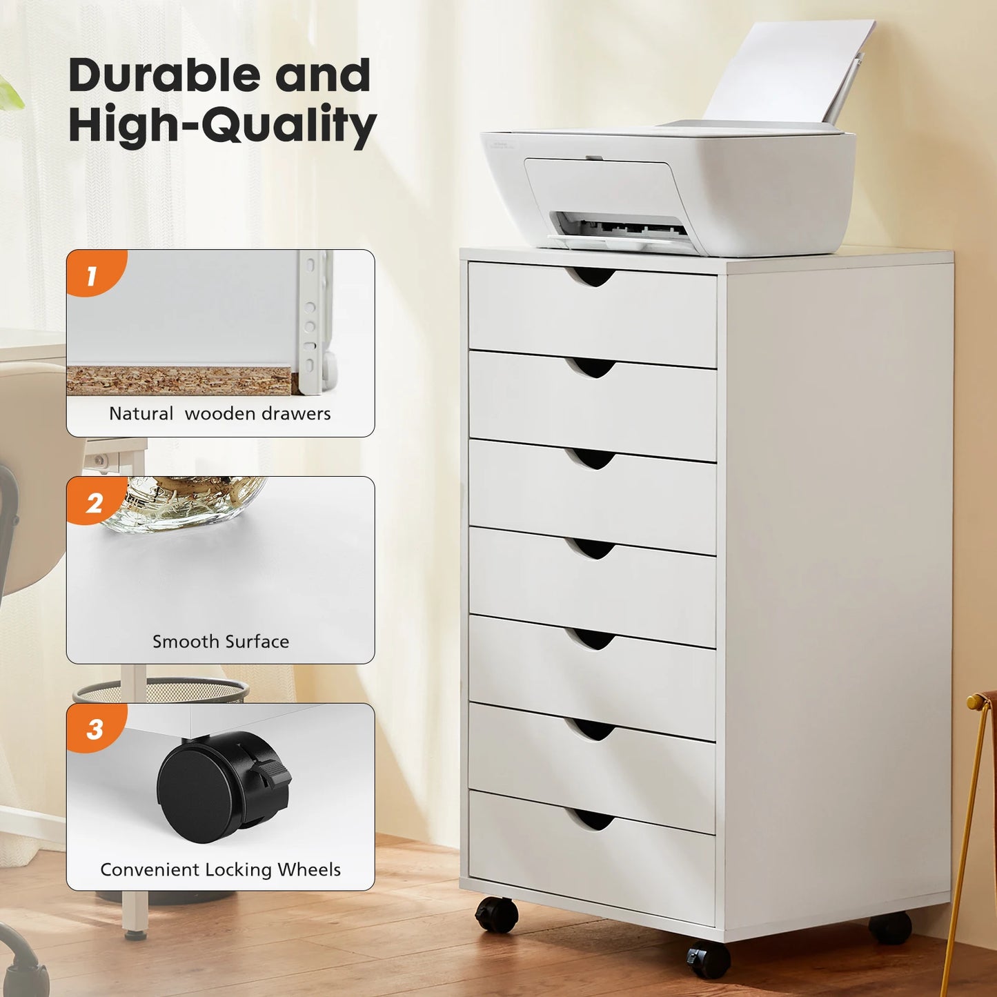 7 Drawer, Wooden Organizer Chest, Storage Mobile Cabinet on Wheels