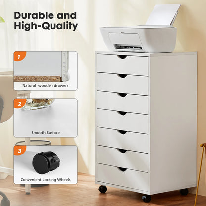 7 Drawer, Wooden Organizer Chest, Storage Mobile Cabinet on Wheels