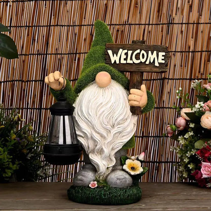 Large Outdoor Resin Gnome Statue with Lantern Solar Light And Welcome Sign