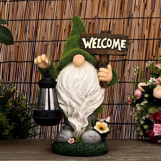 Large Outdoor Resin Gnome Statue with Lantern Solar Light And Welcome Sign